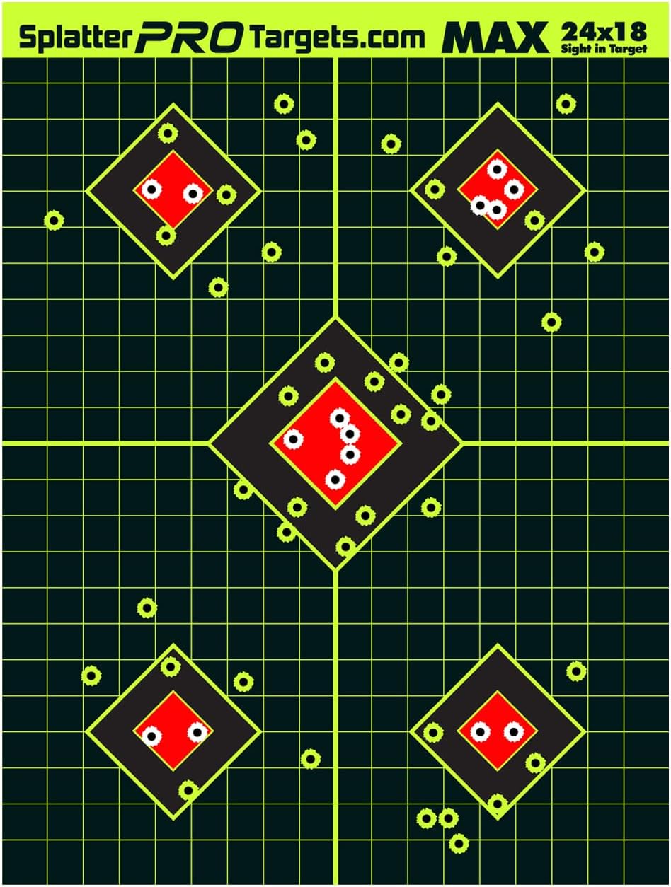 18x24 Extra Large Splatter Targets. Two Color Splatter to Easily See Your Shots! Bright Fluorescent Yellow and White Splatter. Fully Reactive Targets. See Your Hits and Your Misses!