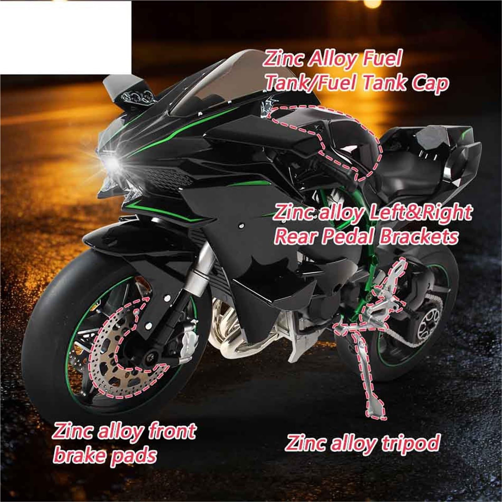 Moto en Alliage pour Kawasaki H2R, Modèle Dynamique, Clé De Démarrage, Course, Spray, Sport, Lumière Sonore, Jouet 1:6 1:9