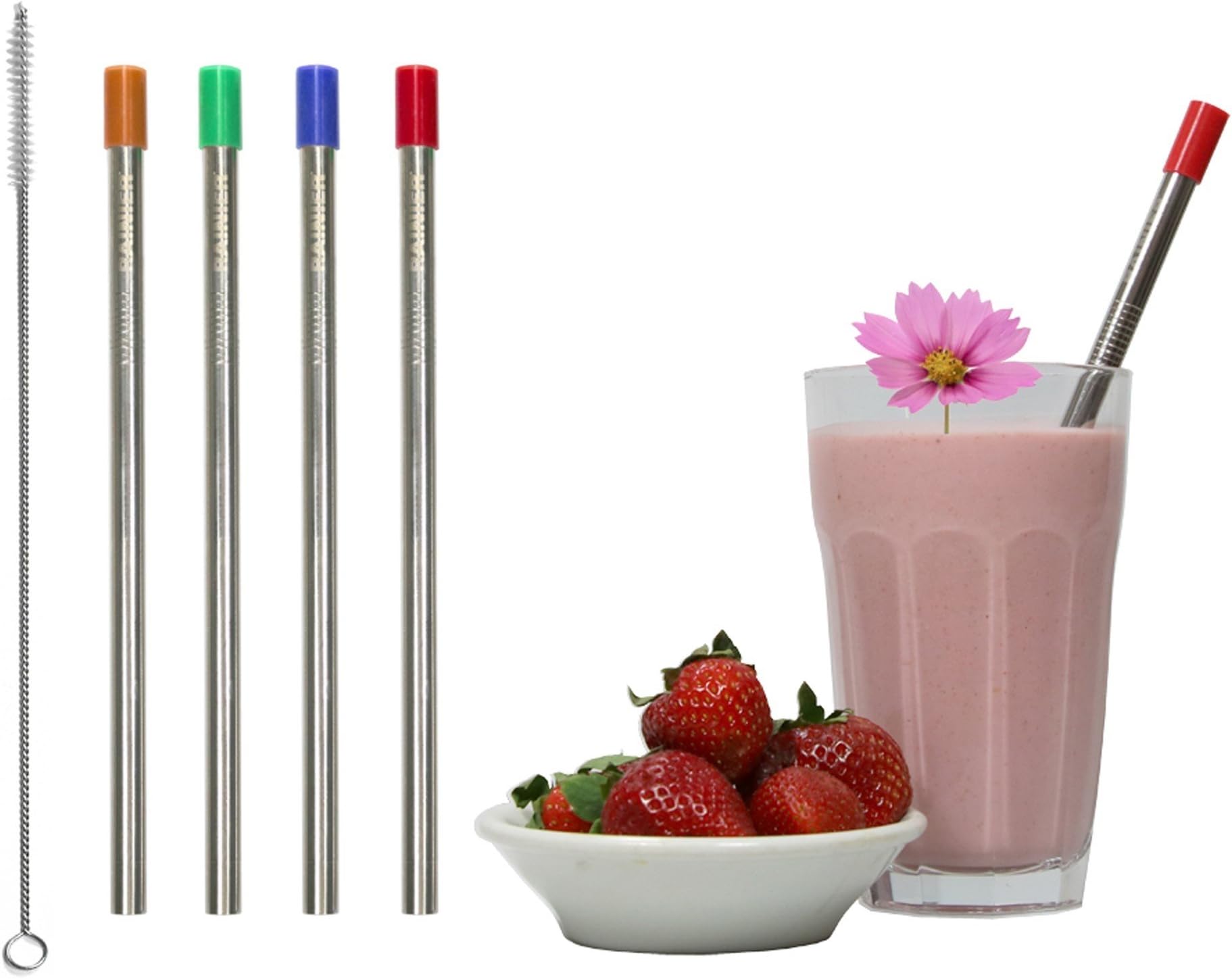 RAINIER Smoothie Drinking Straws | Extra Wide Reusable Stainless Steel Metal | Jumbo Size for Thick, Chunky, Frozen Drinks & Boba Tea | Set of 4 with Comfort Tips, Cleaning Brush (Straight, 3/8Wx8.5L)