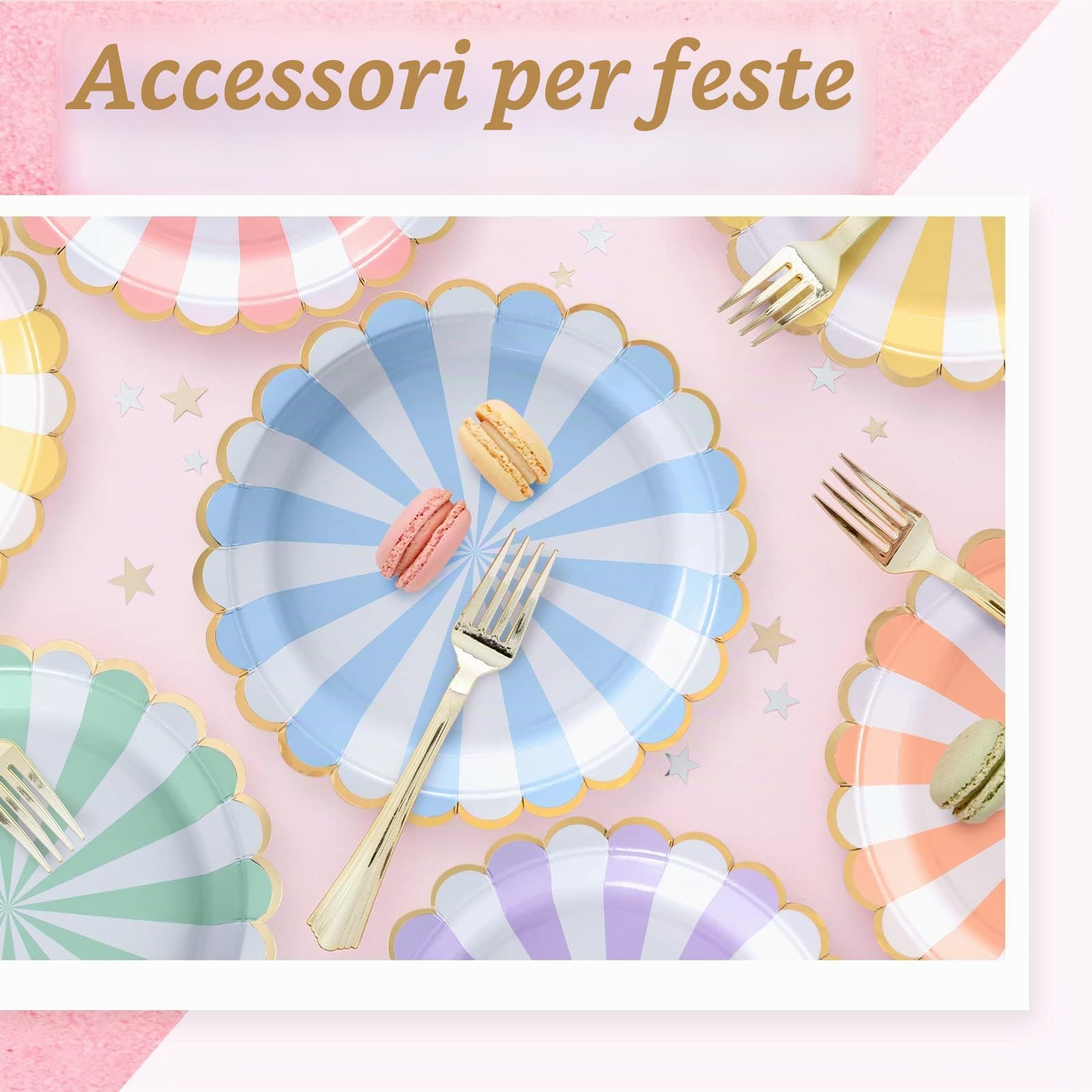 Confettiville Piatti di Carta Artistici, Confezione da 50, Piatti di Carta Usa e Getta, Bordo Scallopato in Foglia d'Oro, Pastello a Strisce, 6 Colori, 23 cm