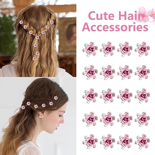 Miniatura 3 de YISSION 20 pinzas para el pelo con flores rosas, bonitos horquillas para el pelo con diamantes de imitación, pequeñas pinzas decorativas para el
