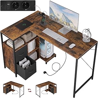 WOLTU Eckschreibtisch mit USB-A/C Steckdosen - 120x80x75cm Schreibtisch Computertisch + Wechselregal & Stromanschluss, Metallrahmen,Industriell-Retro Braun