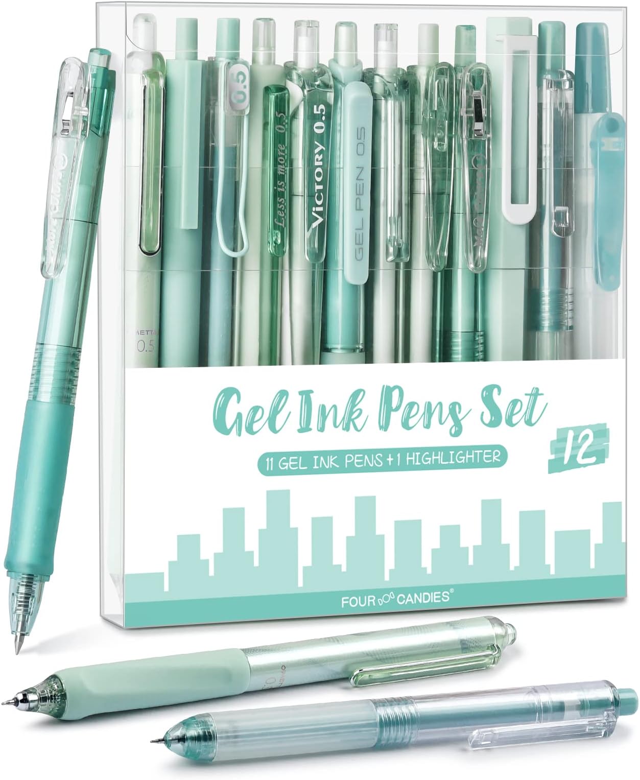 Four Candies Forest Series Gel Pens, Black & Green Ink Fine Point Smooth Writing Pens and Highlighter Set, Teal Office Supplies Back to School Stationery, Set of 12