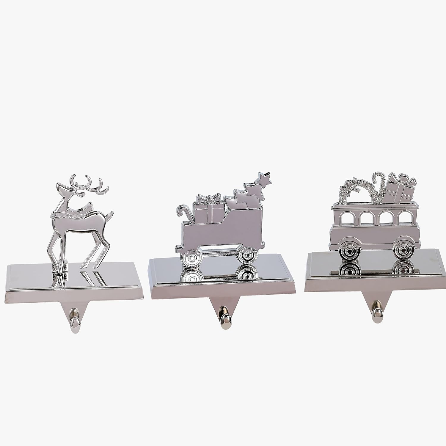 amooca christmas stocking holders non-slip metal hooks fireplace mantle stocking hanger for christmas party decorations (deer train_02 silver, 3 pack) deer train_02 silver 3 pack