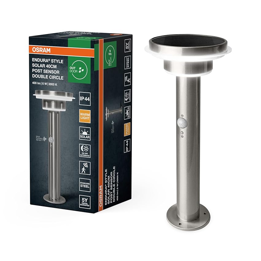 OSRAM Aplique solar LED de exterior ENDURA Style de acero inoxidable, sensor de movimiento y luz, 3 modos, IP44, diseño elegante para terraza y jardín