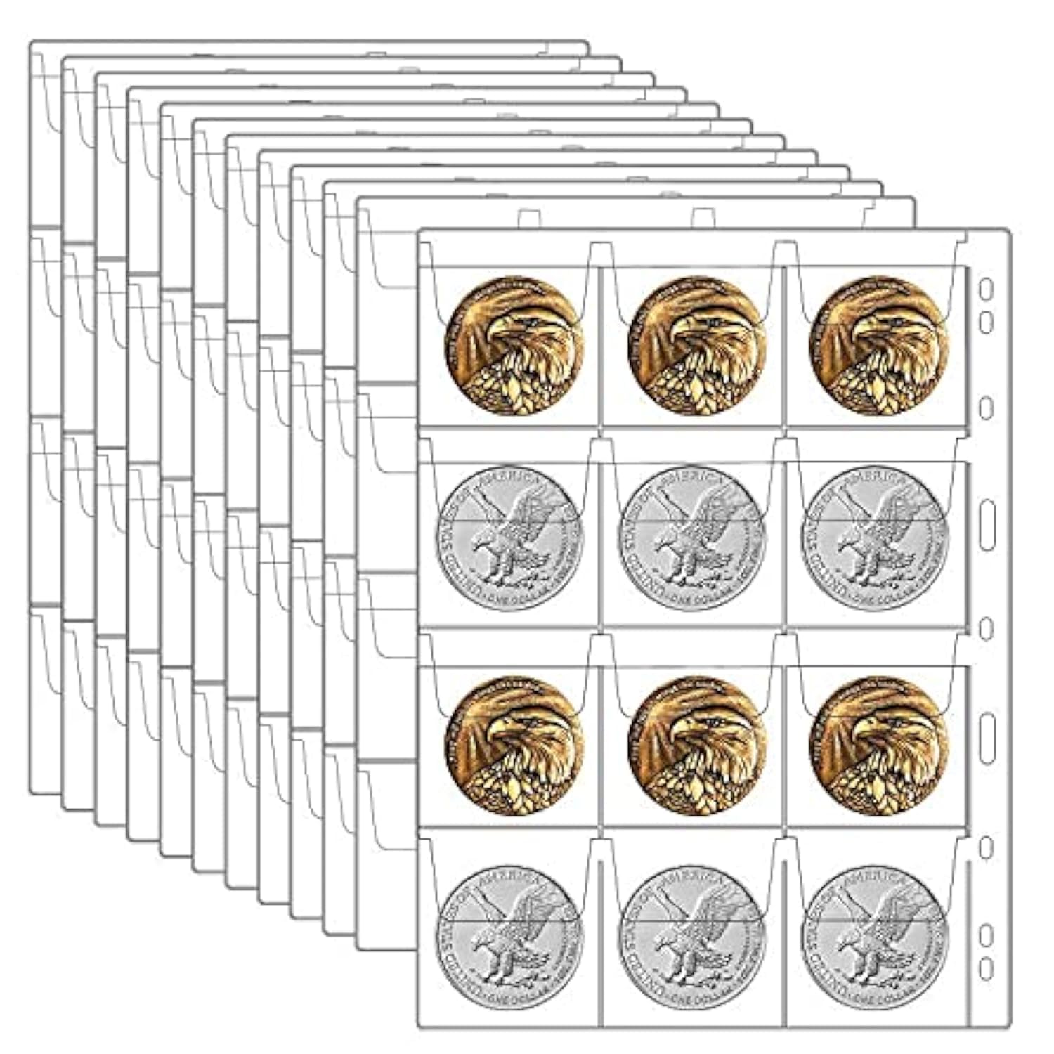 12 Sheets Coin Collection Supplies Pages, Coins Collecting Book Album Protectors Sleeves with Standard 9 Hole for Coin Binder, Currency Holder Storage for Pennies, Quarters, Stamp Supply (12 Pocket)