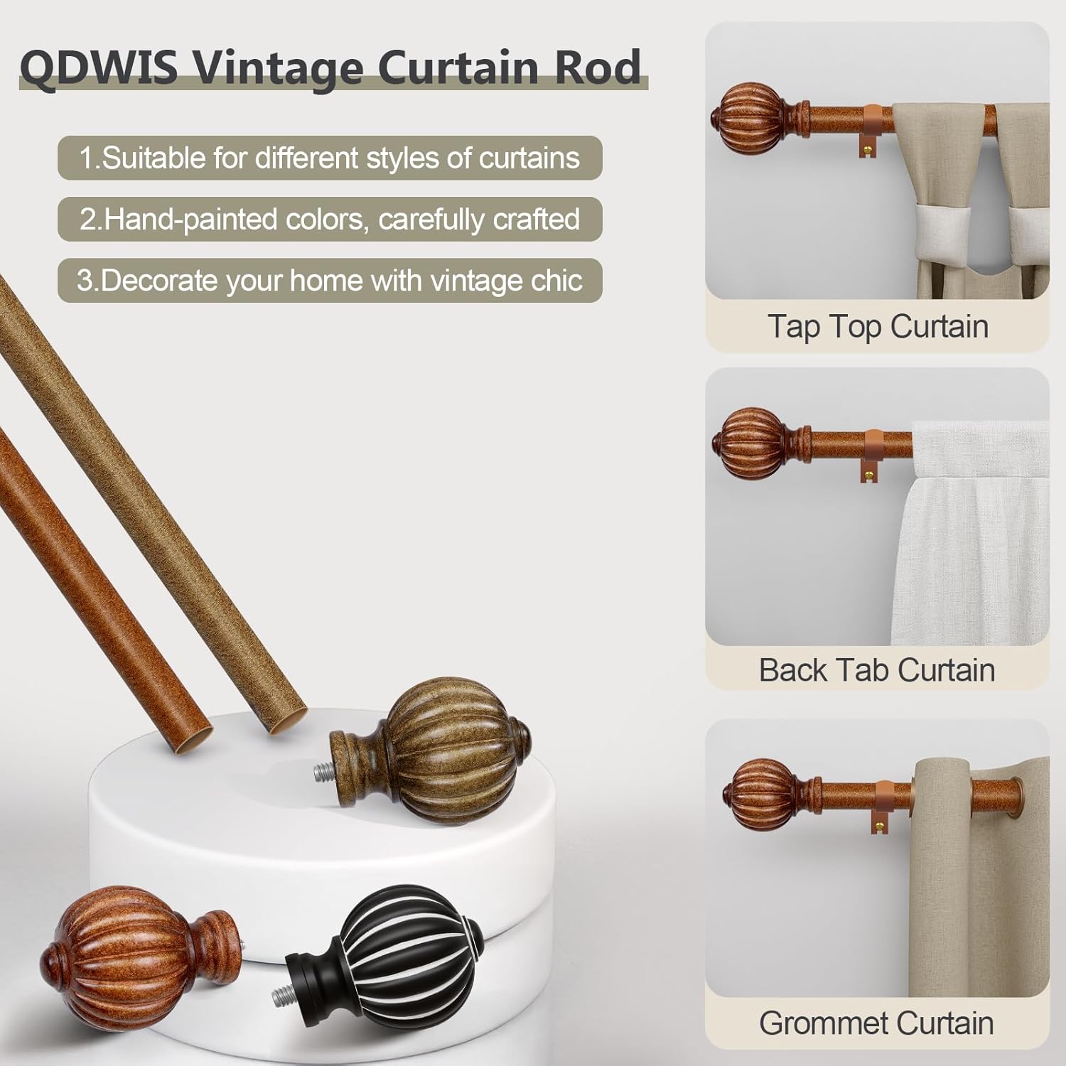 QDWIS Dark Brown Wood Curtain Rods for Windows 48 to 84 Inch, 1'' Adjustable Heavy Duty Curtain Rod，Vintage Imitation Wood Decorative Drapery Rods with Pumpkin Finials for Bedroom Living Room