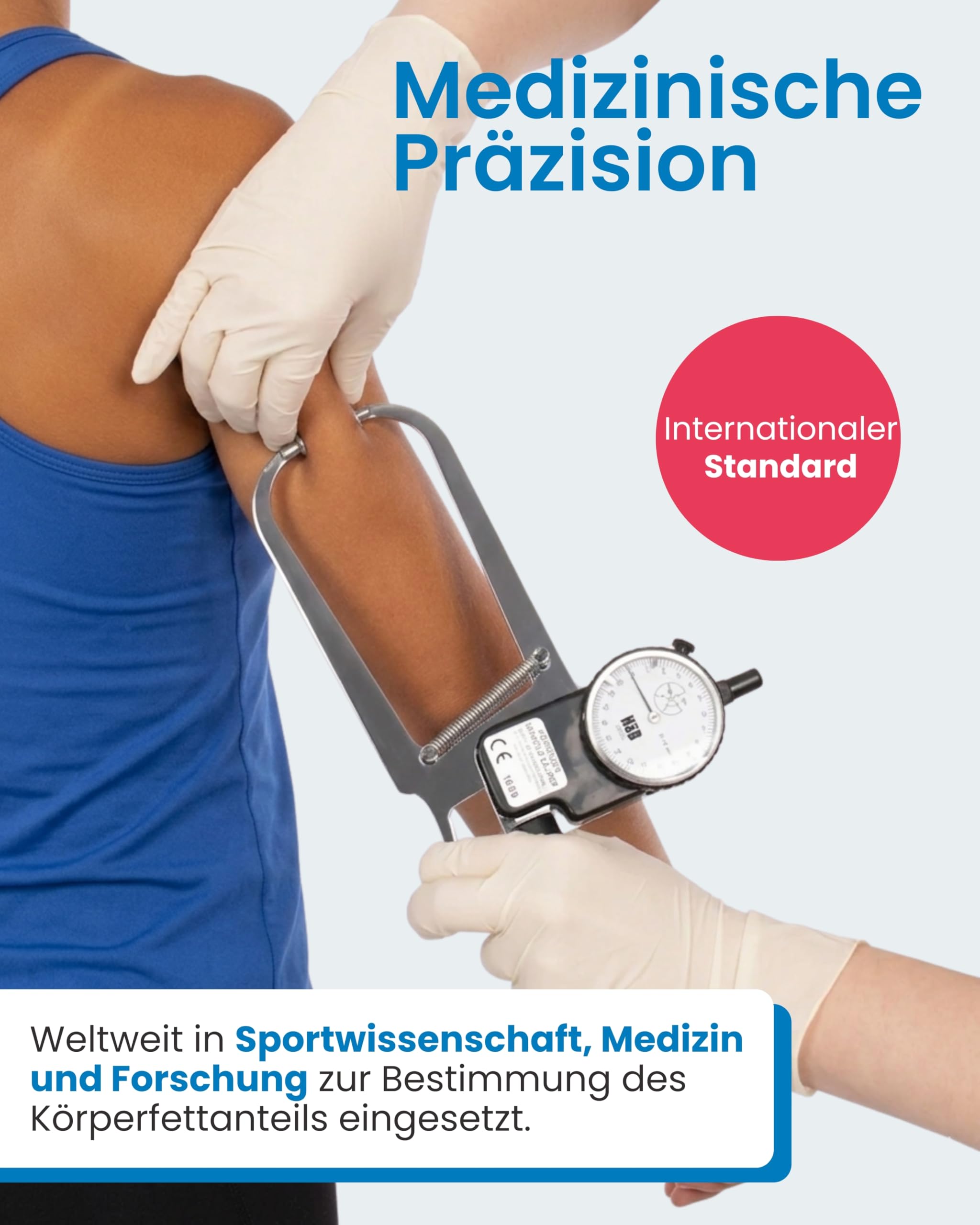 HaB Harpenden Skinfold Caliper I Präzisions Hautfaltenmessgerät zur Körperfettmessung I Caliper Zange mit 0,2 mm Skala I Messbereich 0–80 mm I Körperfettzange inkl. Holzkiste