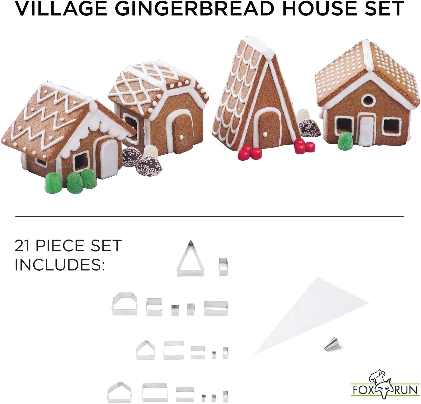 Fox Run Christmas Village Gingerbread House Cookie Cutter Set, 22 Piece, Stainless Steel,48750