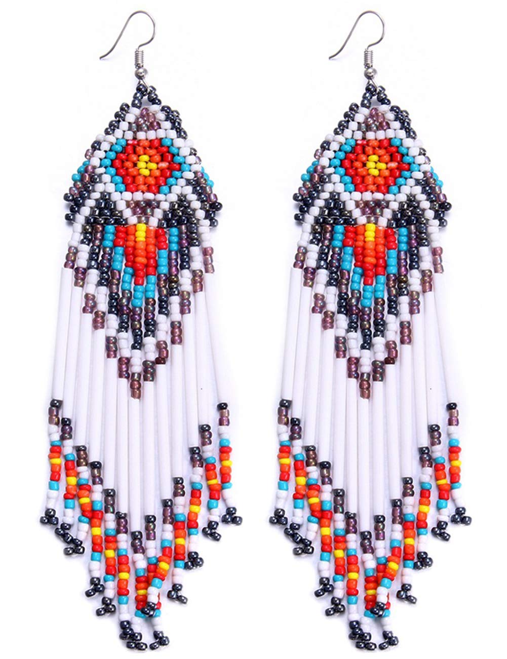 Pendientes largos de borlas y cuentas blancas bohemias hechas a mano para mujer 7