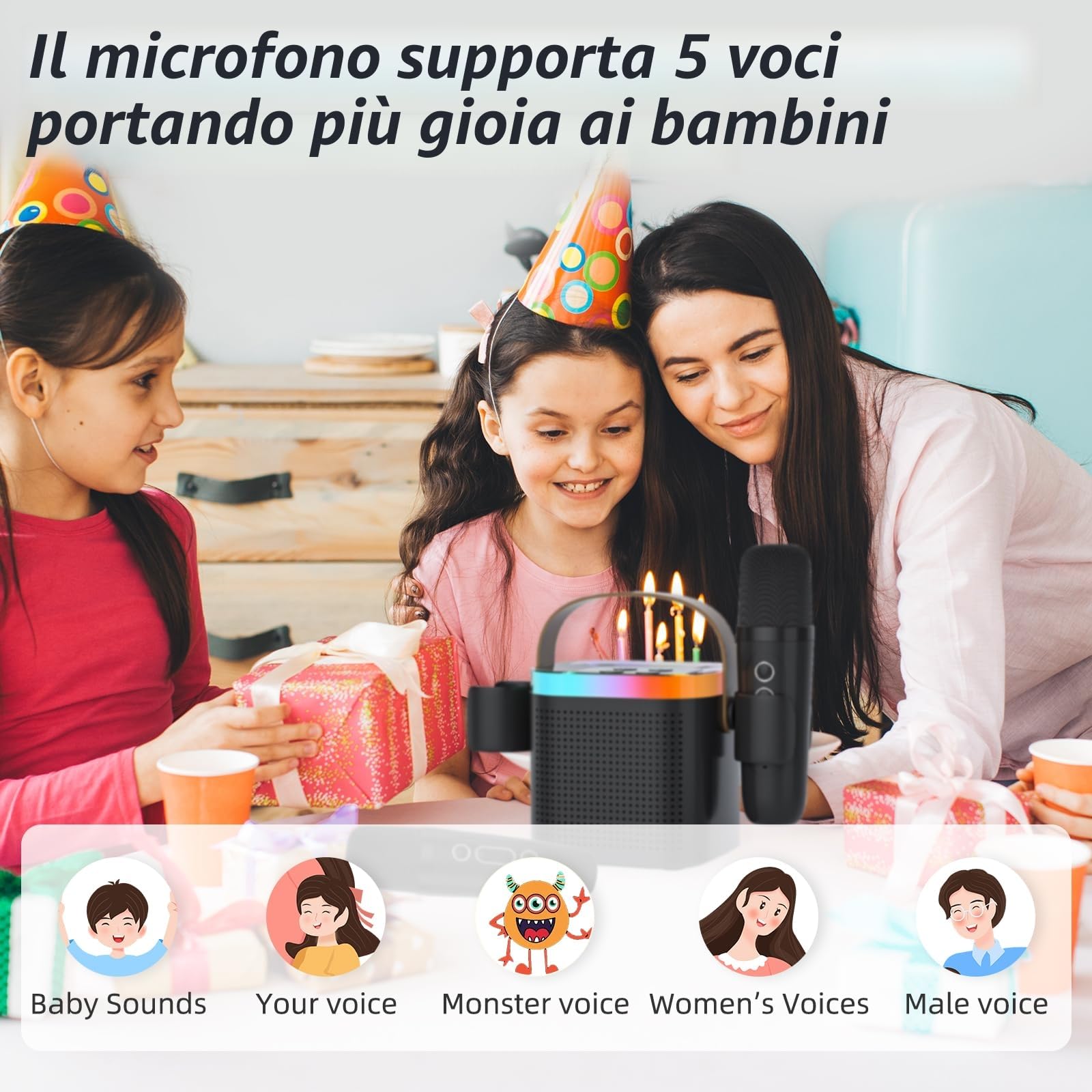 Karaoke con Microfono, Karaoke Macchina per Bambini più 2 microfoni, altoparlante portatile bluetooth per karaoke con cambio di voce e luce a led (nero)