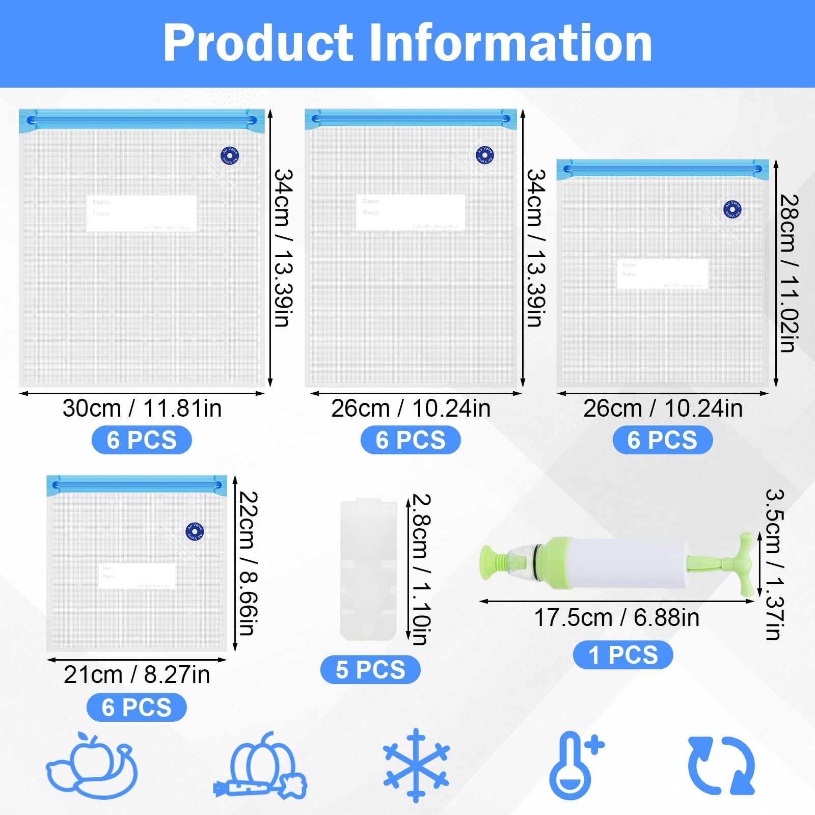 24 worki próżniowe do kontaktu z żywnością, wielokrotnego użytku, worki Sous Vide z pompką, 4 rozmiary, próżniowo uszczelnione torby z 5 klamrami uszczelniającymi, nie zawierają BPA, do przechowywania