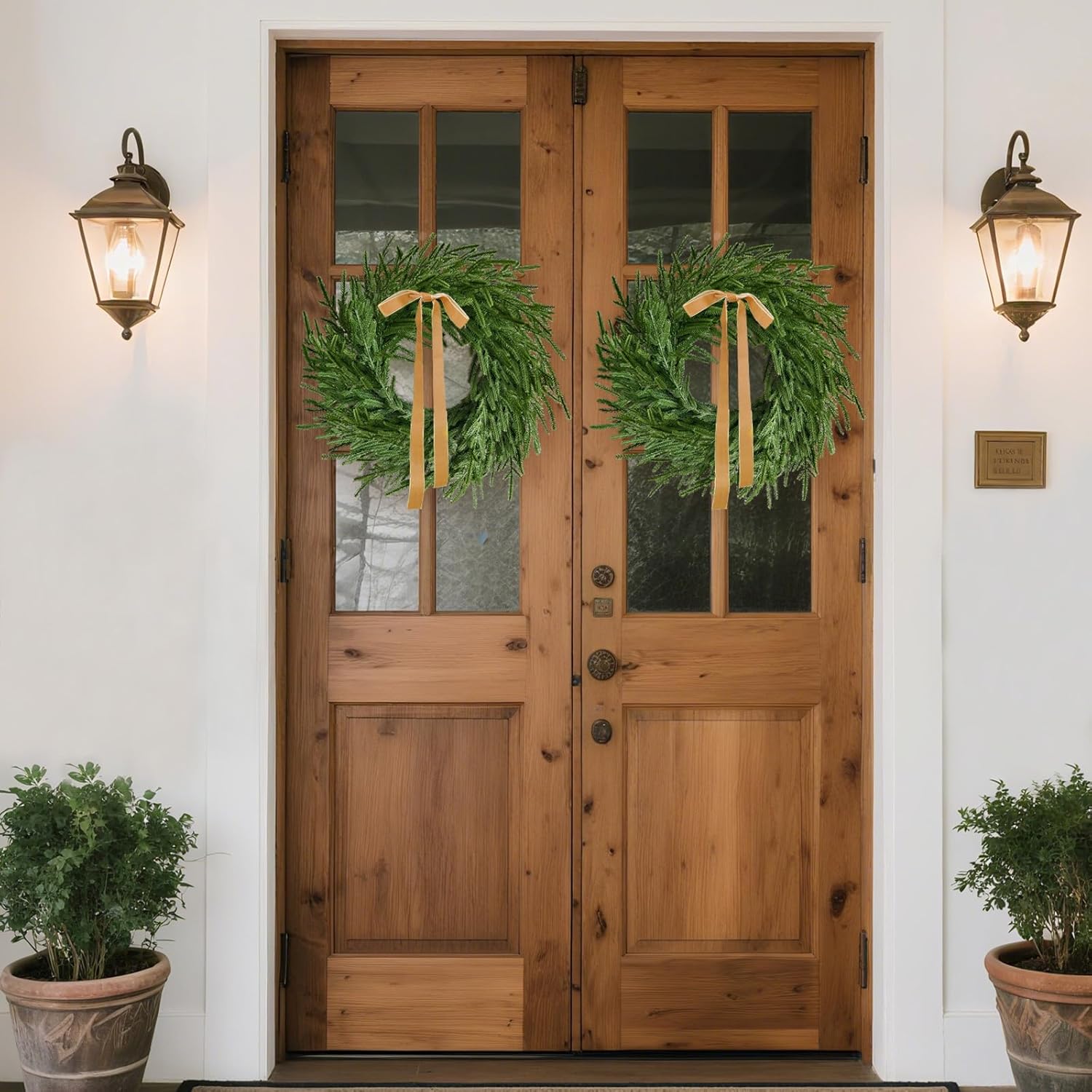 24 Inch Real Touch 2 Pcs Norfolk Pine Wreath Christmas Decorations for Front Door, Artificial Plants Green Christmas Wreath with Lights Home Decor, Xmas Decor for Mantel Wall Holiday Winter Decor