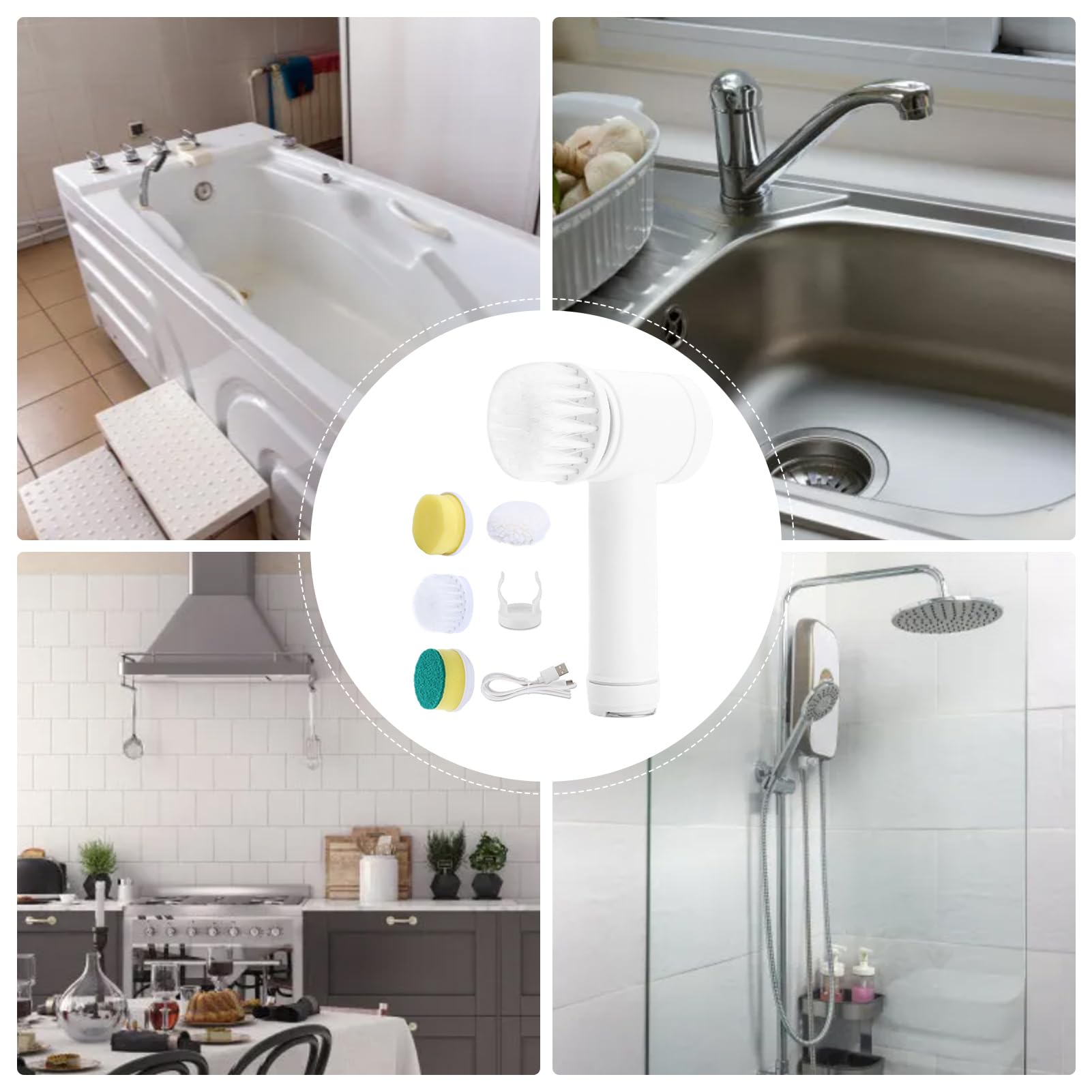 Spazzola Elettrica Ricaricabile Per Pulizia - 5 Testine Intercambiabili, Manico Estensibile, Per Bagno, Piastrelle, Auto (Batteria 2600 MAh)