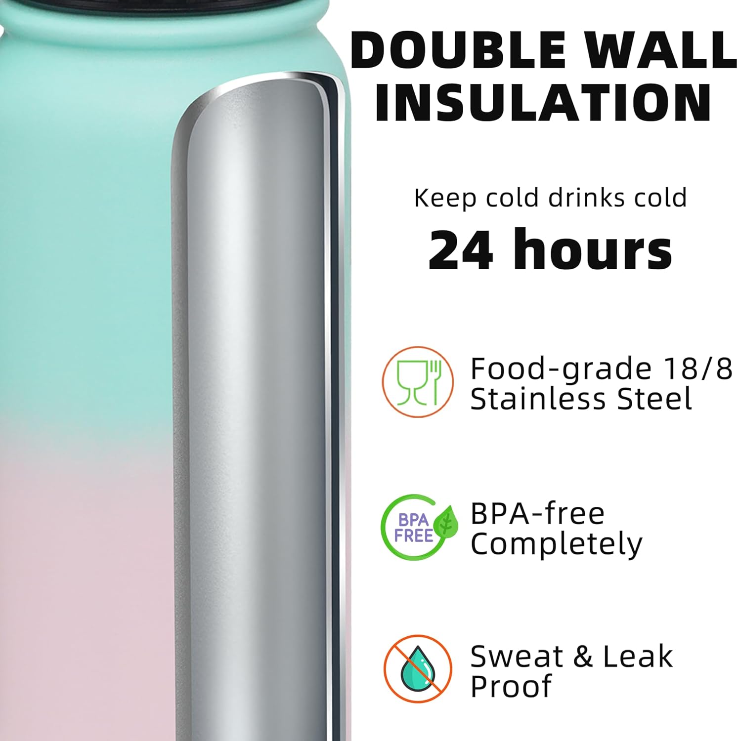Fanhaw 24 oz Insulated Stainless Steel Water Bottle with Anti-Dust Chug Lid, Leakproof Vacuum Metal Bottle for Kids, Women & Men (Green Pink) - Image 3