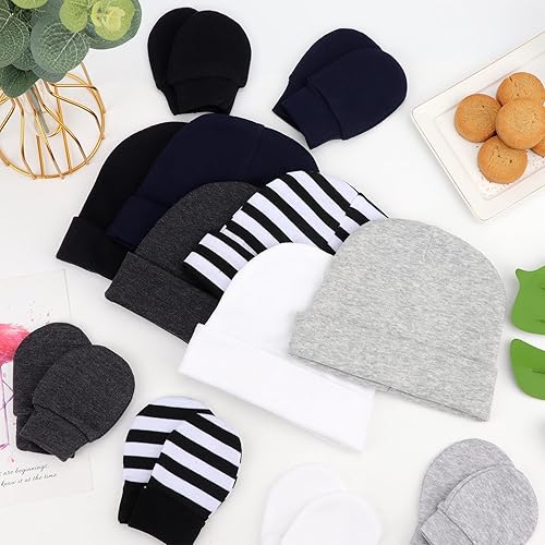 Miniatura 4 de BQUBO Baby Hats and Mittens Infant Cotton Beanie Gloves No Scratch Set Newborn Hospital Hat for Boys Girls