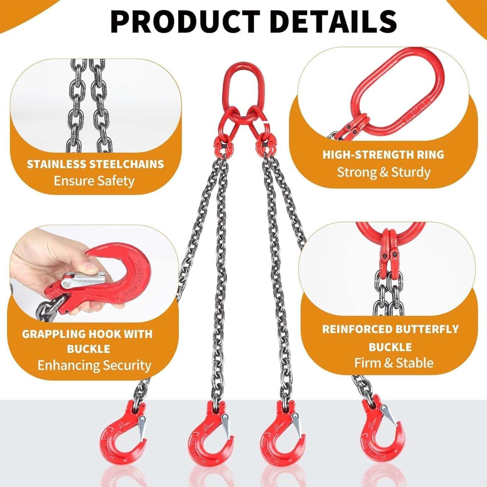 Catena di sollevamento resistente, gamba 2/4 con gancio, in acciaio G80, lunghezza 300 cm, capacità 3991,6 kg, per sollevamento carichi e sospensione a catena