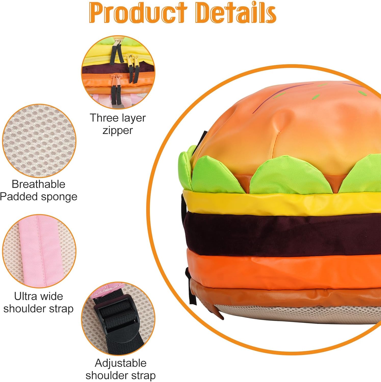 Cheeseburger Backpack Multi-compartment Funny Hamburger Backpack - Image 4