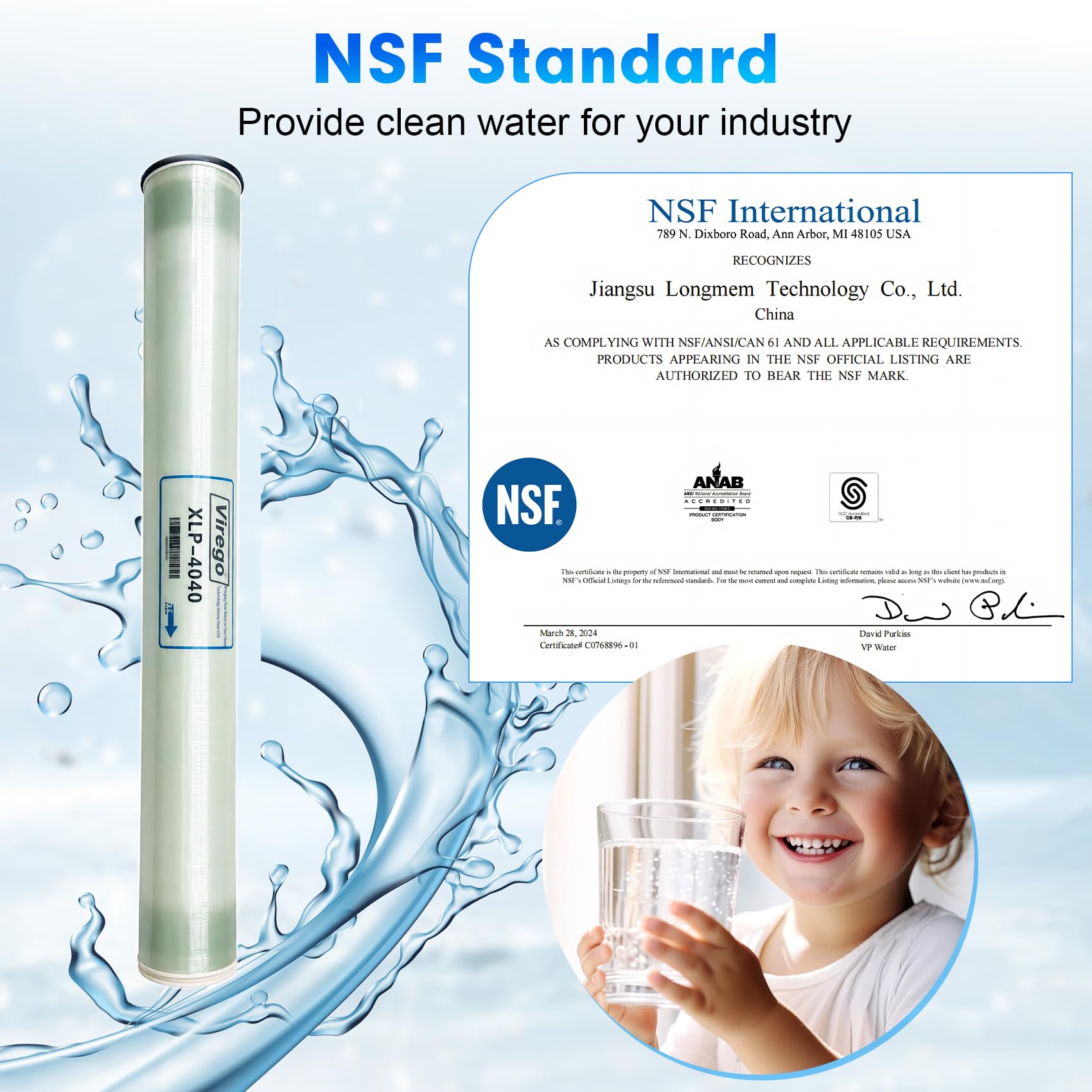 XLP-4040, XLP 4040 Membrana comercial para membrana comercial de baja presión extrema, rechazo de sal 99%, 2300GPD, TDS≤1000ppm, membrana XLP 4040 buena para agua de grifo municipal/agua subterránea