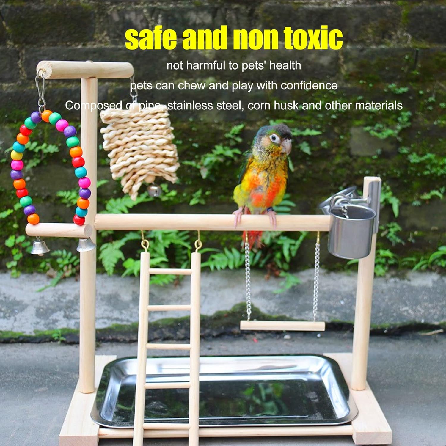 Stand, Bird Playstand Playstand with 2 Feeding Cups Removable Stainless Steel Tray for Small Medium Birds Play Climb Rest