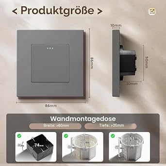 BSEED Light Switch Single 1 Way PC Panel Light Switch Flush-Mounted Button Switch Wall Switch Flush-Mounted Light Switch for Living Room Kitchen Office Grey 86 mm