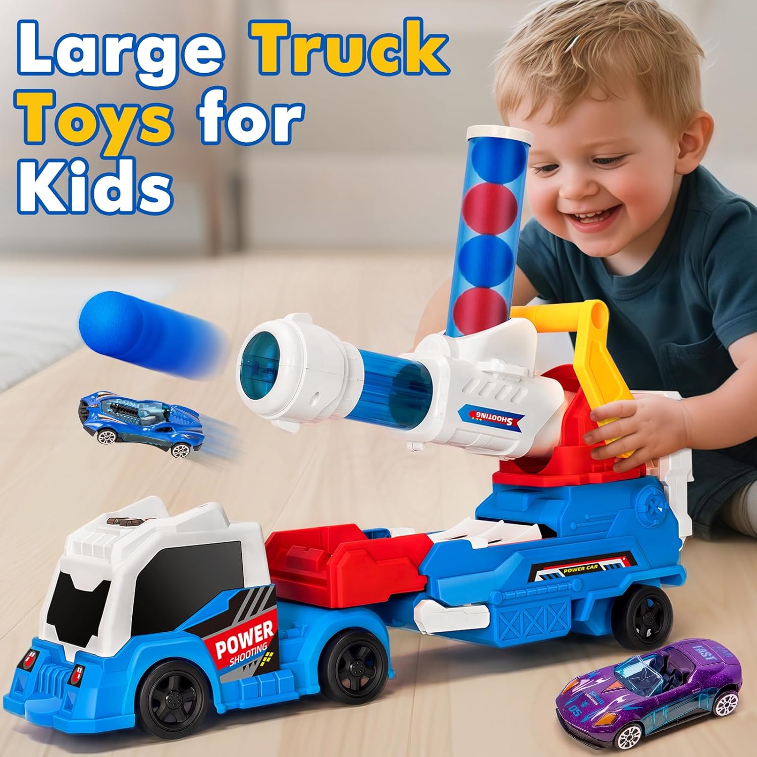 BainGesk Semi Truck Toys Car for 3, 4, 5, 6, 7, 8 Years Old Boys Girls, 28" Ejection and Shooting Truck with Light & Sounds, Includes 4 Race Cars, 10 EVA Balls, Large Car Toys Gifts for Toddler