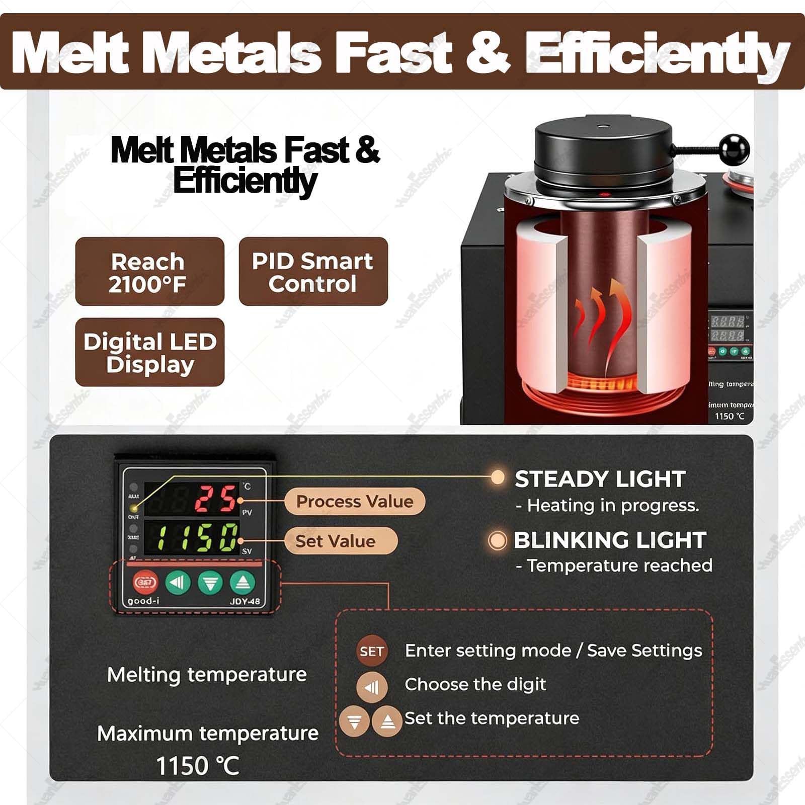 Horno De Fusión De Metal De 1500W,Horno Fundición Oro a 1200 °c 1kg | Capacidad De 1/2/3 Kg,Pantalla Digital,Máquina Fundición Al Vacío Para Hacer Joyas Con Combo Cera Perdida 3 Cfm