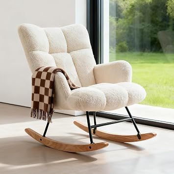 Rocking Chair, Upholstered Accent Rocker with High Backrest, Thick Cushion and Soft Teddy Fabric, Comfortable Reading Chair for Living Room, Bedroom, Nursery or Study, Ivory White
