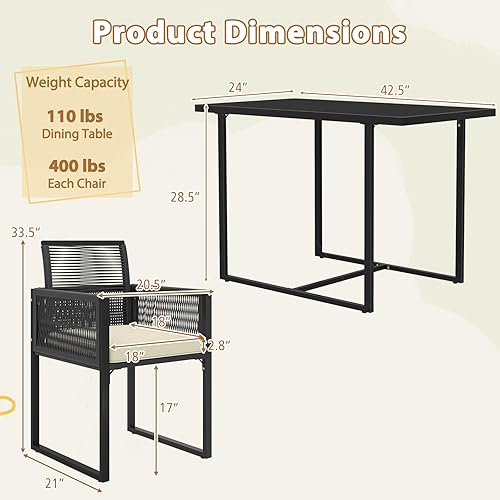 Miniatura 4 de Tangkula Juego de comedor de patio de 3 piezas, juego de bistró de mimbre de polietileno que ahorra espacio al aire libre con cojines, mesa superior