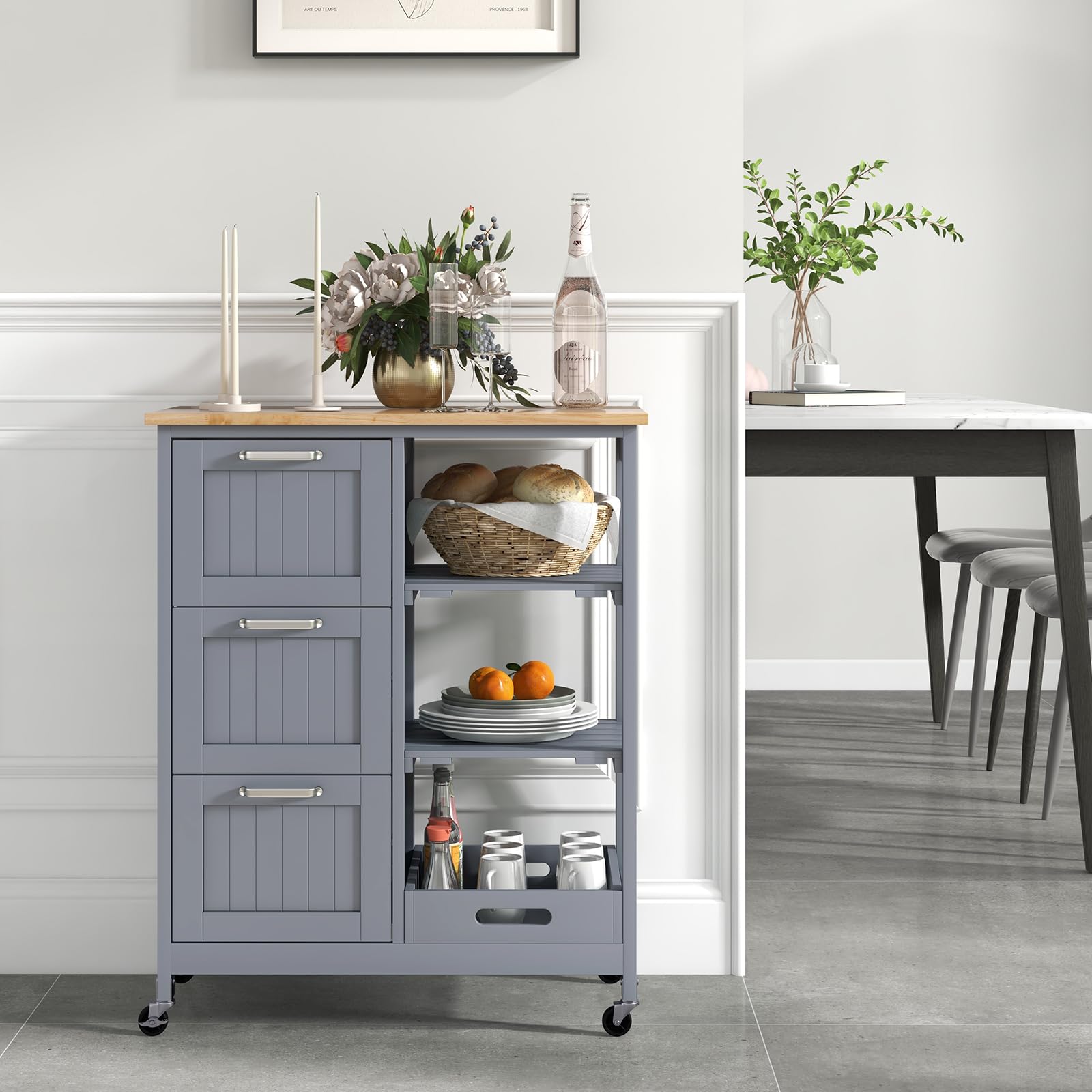 COSTWAY Carrito de Cocina con Ruedas Bloqueables, Carrito de Servicio Multiuso con 2 Estantes Abiertos y 3 Cajones, Bandeja Extraíble, Carro Auxiliar de Madera para Cocina y Comedor (Gris)