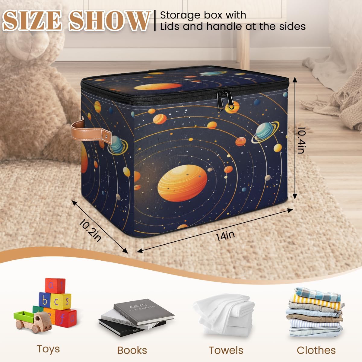Storage Bin Set of 2 Galaxy Planet Storage Basket with Zipper Lid & Handle Foldable Closet Shelf 2 Pack Cloth Organizer Basket Cube Bins Clothes Organizer for Bedroom, Nursery