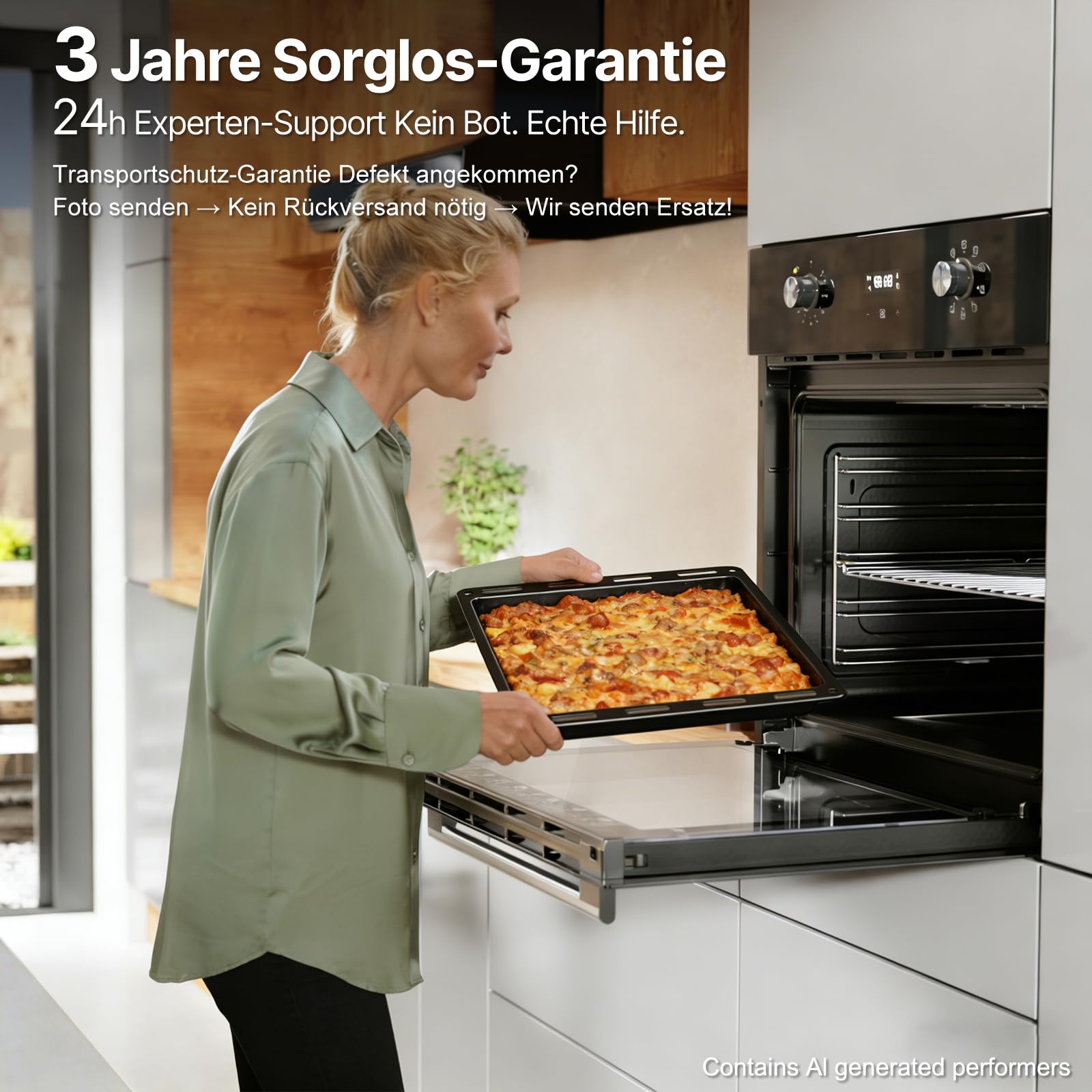 Einbaubackofen 60 cm, 70 L Volumen, 4D Heißluft, 8 Heizarten, Schnellaufheizung, inkl. Timer & Kindersicherung, Energieeffizienz A, 3 Jahre Garantie, Schwarz
