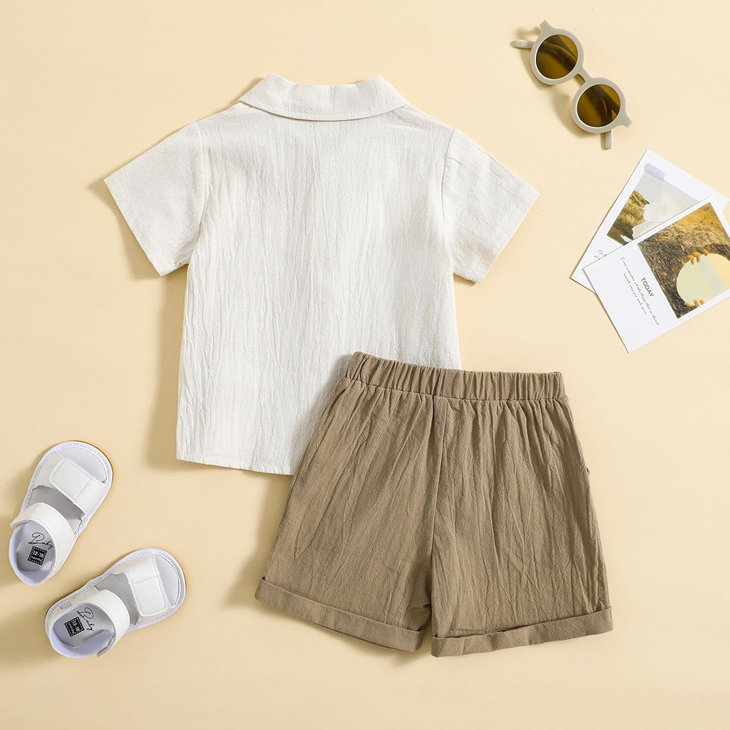 Toddler Baby Boy Linen Outfit Button Down Shirt Plain Shorts Cute Infant Newborn Photoshoot Clothes Summer 2Pcs Set - Image 3