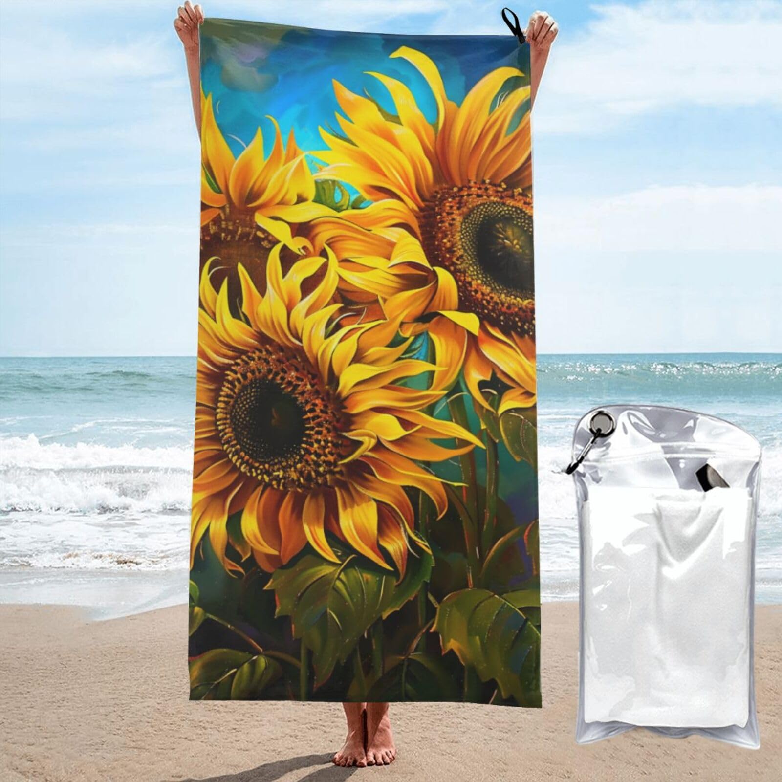 Microfiber Beach Towel, Sunflowers Painting Printed Lightweight Quick Dry Travel Bath Sheet with Compact Carry Bag for Swimming Yoga Camping Gym,31.5"x63"