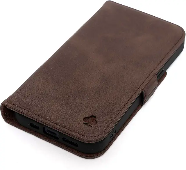 iPhone 16 Pro Max Leather Case - Premium Genuine Leather Wallet Cover with Stand