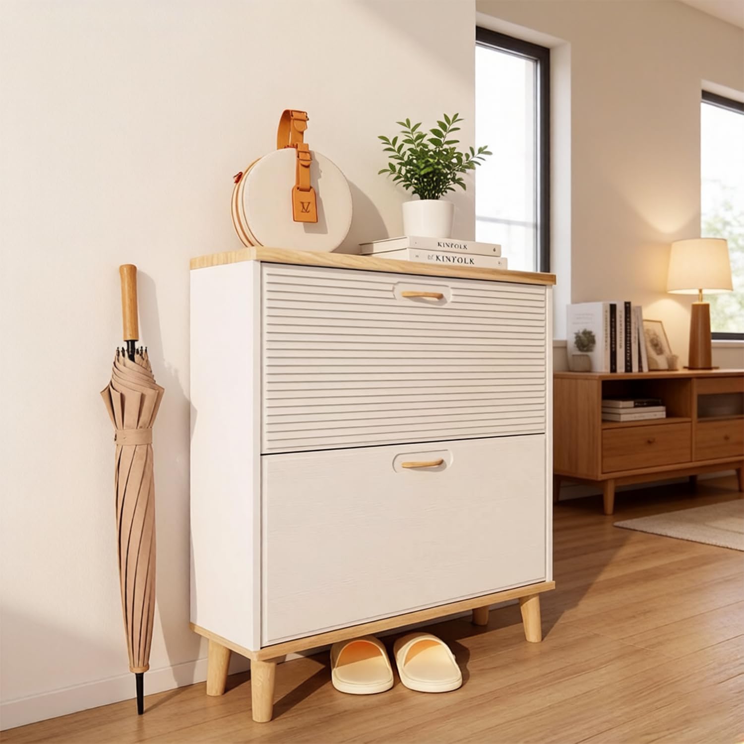 Shoe Storage Cabinet with 2 Flip Drawers, Narrow Shoe Rack Storage Modern Freestanding Shoe Organizer Cabinet with Solid Wood Legs for Entryway Hallways, White