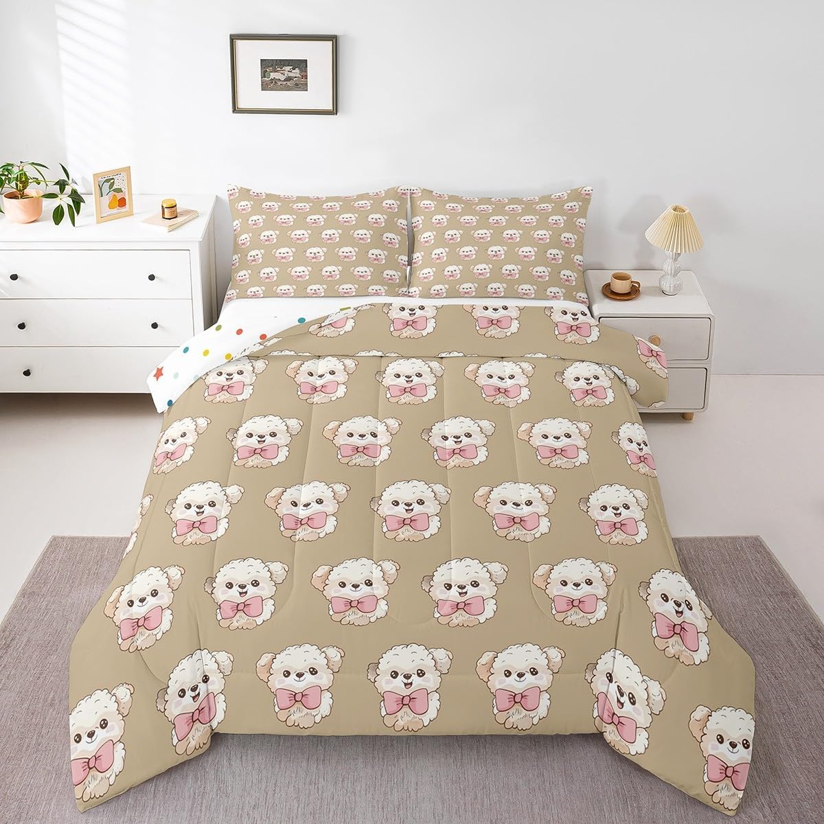 Erosebridal Cartoon Dogs Comforter Set for Kids Boys Girls,Kawaii Bow Puppy Toddler Bedding Set,Princess Bowknot Quilt Set with 1 Pillowcase,Cute Pet Animal Duvet Set