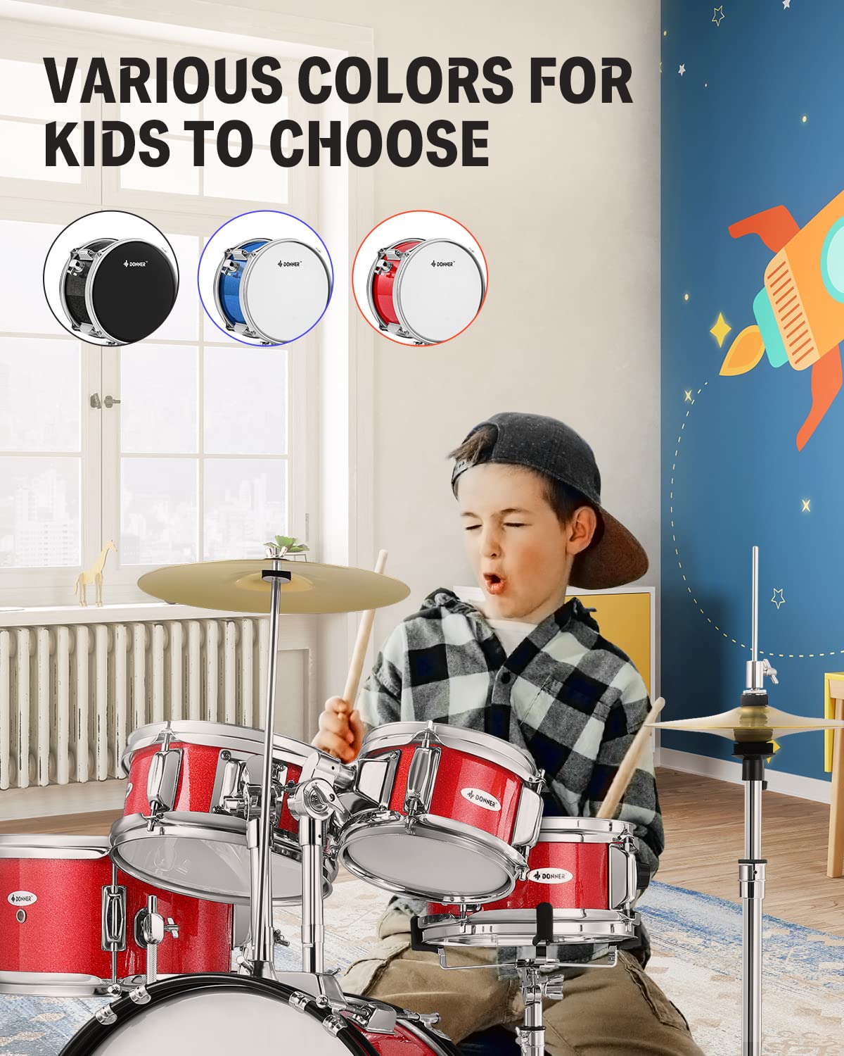 Juego de batería infantil de 5 piezas para principiantes, kit de batería junior de 14 pulgadas, con trono ajustable, platillo, Hi-Hat, pedal y baqueta, rojo 6