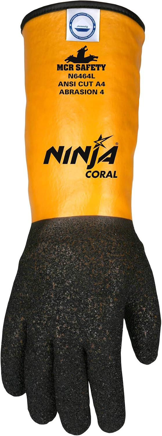 MCR Safety Ninja Coral N6464L Work Gloves, 10 Gauge Dyneema Diamond Shell, 14" PVC Gauntlet Cuff, Double Dipped Fully Coated Rough Black Coral Glove, Large