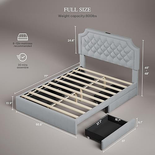 Miniatura 18 de DWVO Base de cama de tamaño matrimonial con cabecera ajustable, 4 cajones de almacenamiento y estación de carga, marco de cama tapizado de