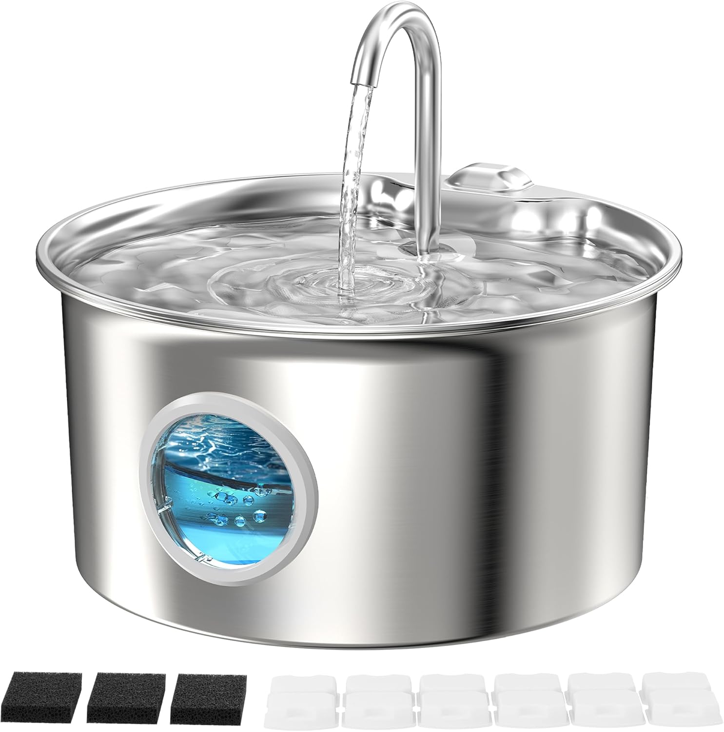 Stainless Steel Cat Water Fountain: Cat Fountain for Drinking - 88oz/2.6L Pet Water Fountain for Cats Inside- Silent Cats Water Bowl Dispenser - Kitty Drinking Fountains - 6 Filters + 3 Sponges Cat Fountain+6 Filters +3 Sponges