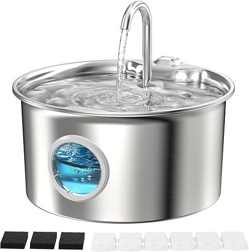 Fuente de agua para gatos de acero inoxidable: fuente para gatos con 6 filtros + 3 esponjas, fuente de agua para mascotas de 88 oz/2.6 L para gatos