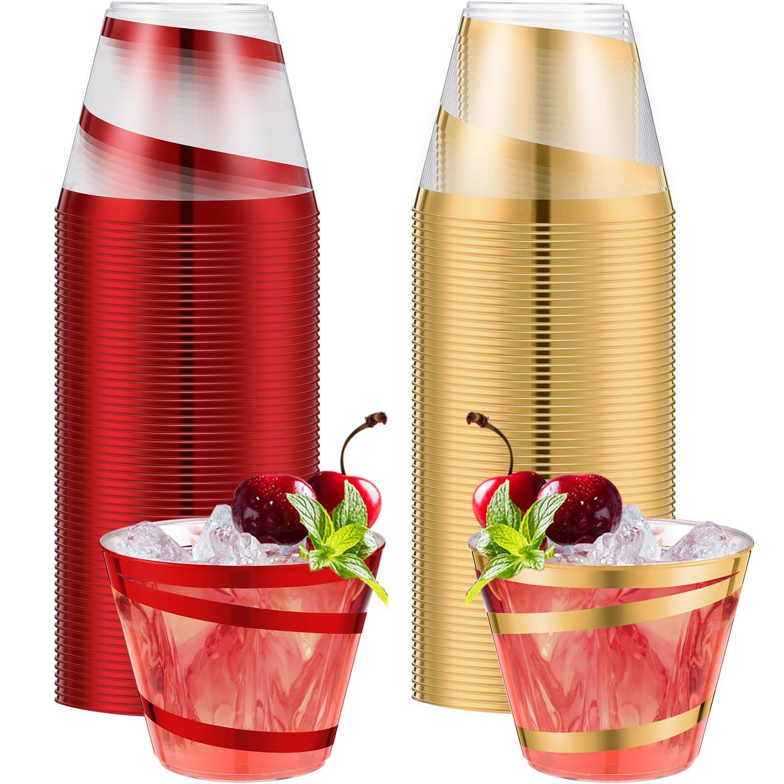 Gejoy 9 oz Rimmed Swirl Plastic Cups Disposable Wine Drinking Cups Clear Elegant Easter St Patrick Tumblers for Wedding Party Supplies(100 Pcs,Red,