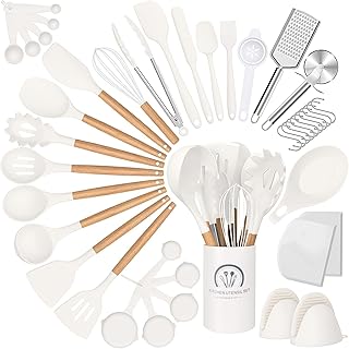 RIOVARM Set d'ustensiles de cuisine en silicone Antiadhésif Gadgets de cuisine avec support Coupe-pizza Fouet en silicone Spatules Set de tasses et cuillères à mesurer Set d'outils de cuisine