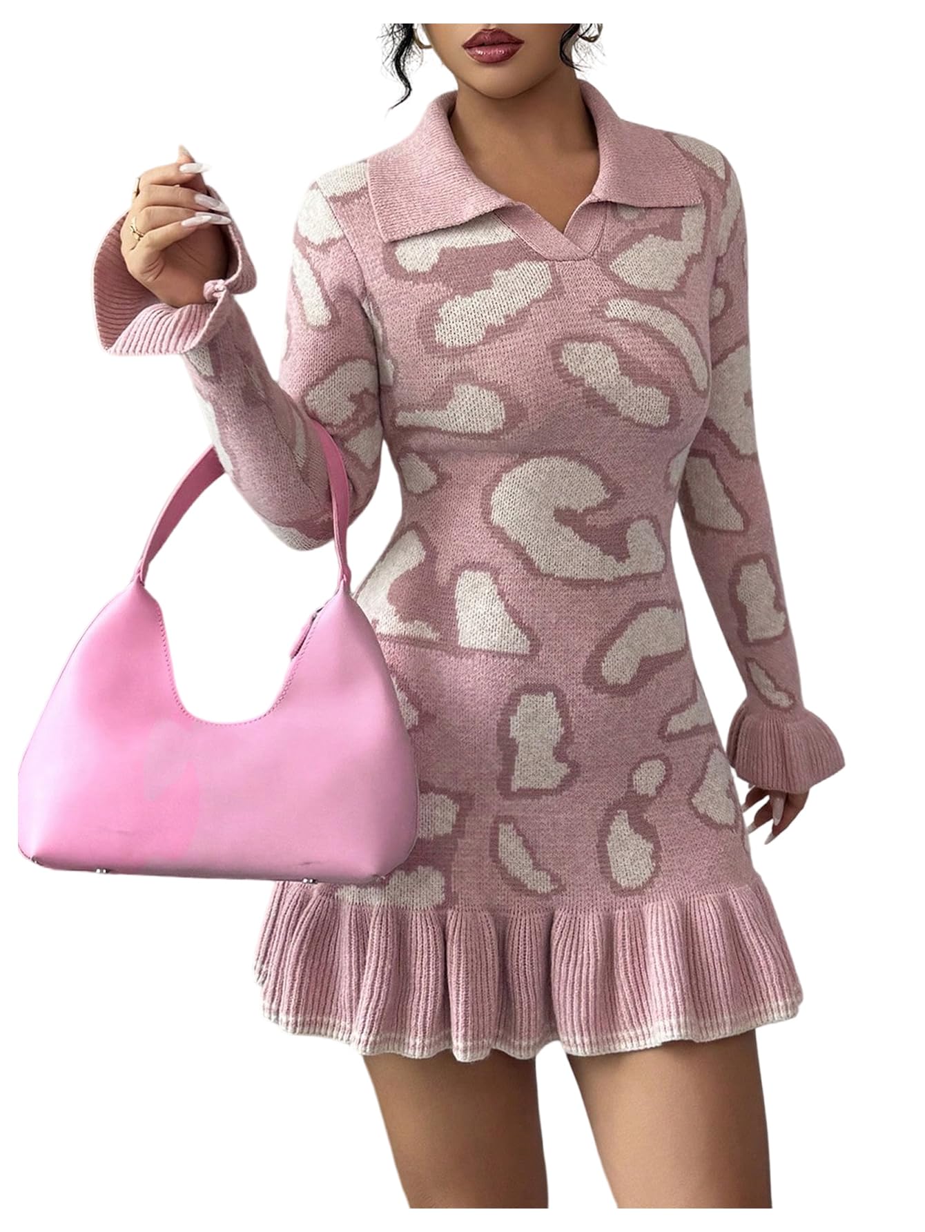 RoseSeek Women's Leopard Print Sweater Dress Cheetah Ruffle Hem Mini Dress
