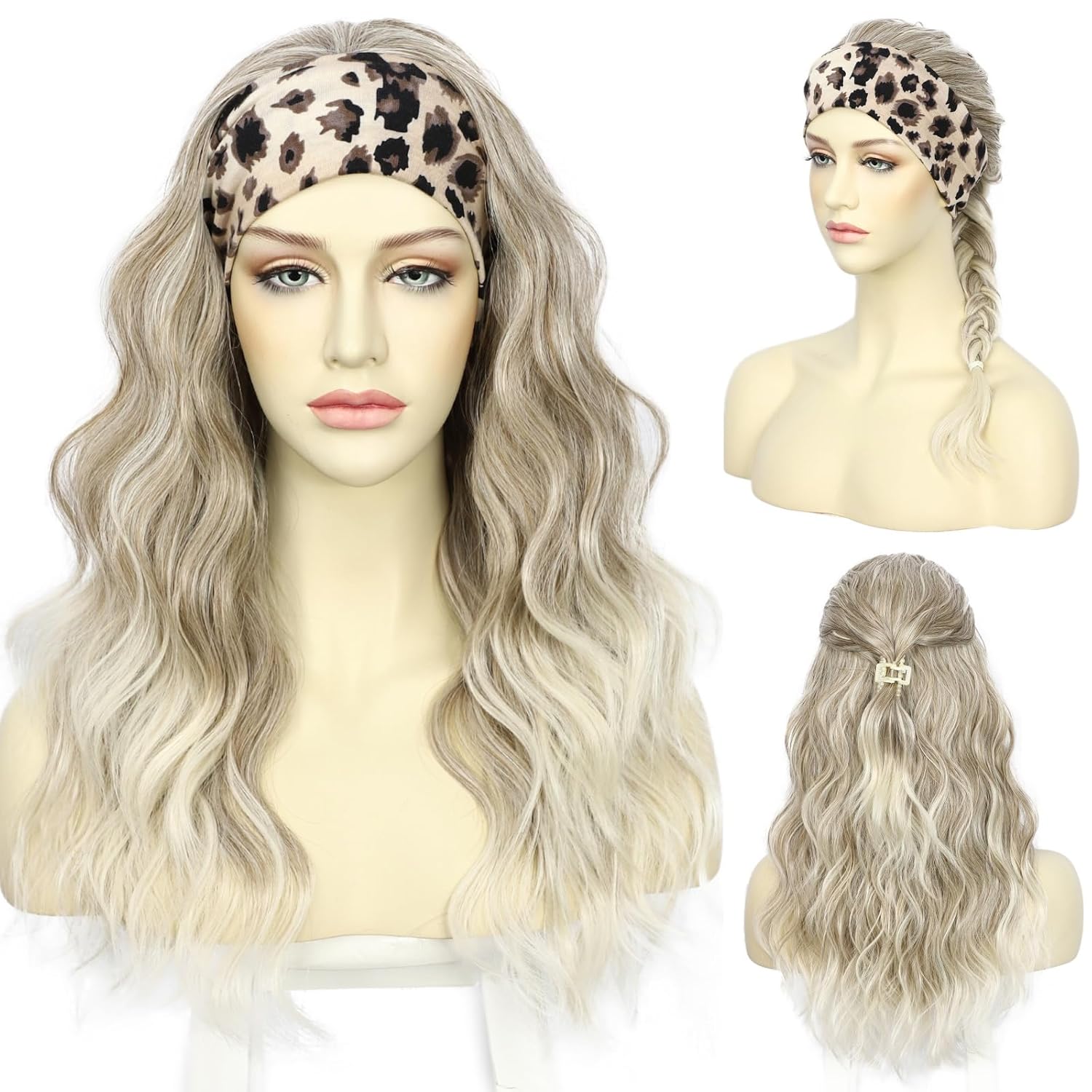SAPPHIREWIGS Blonde Headband Wig Body Wave Synthetic Headband Wigs for Women Highlight Blonde with Tips Natural Looking Wavy Wig Heat Resistant Daily Party Use 20 Inch
