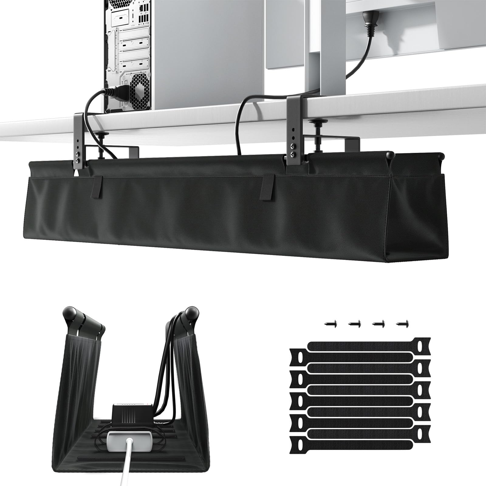 Organizer Kabli pod Biurko Bez Wiercenia, 90cm System Zarządzania Kablami z Montażem na Zaciski/Śruby, Stabilna & Wodoodporna Tkaninowa Skrzynka na Kable do Domu i Biura, Czarny