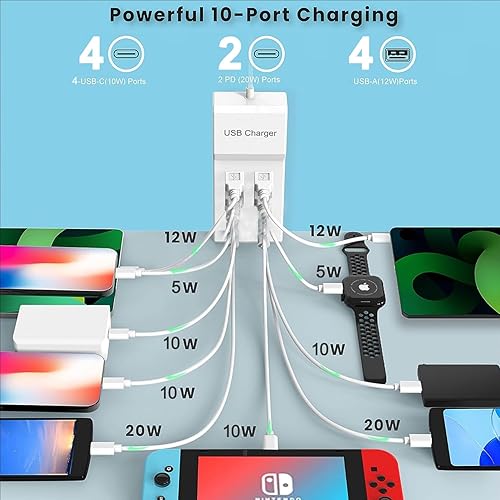 Miniatura 4 de sccvee Estación de carga USB C, 10 puertos USB C, cargador de escritorio de 100 W, multipuerto con cargador rápido PD, compatible con iPhone