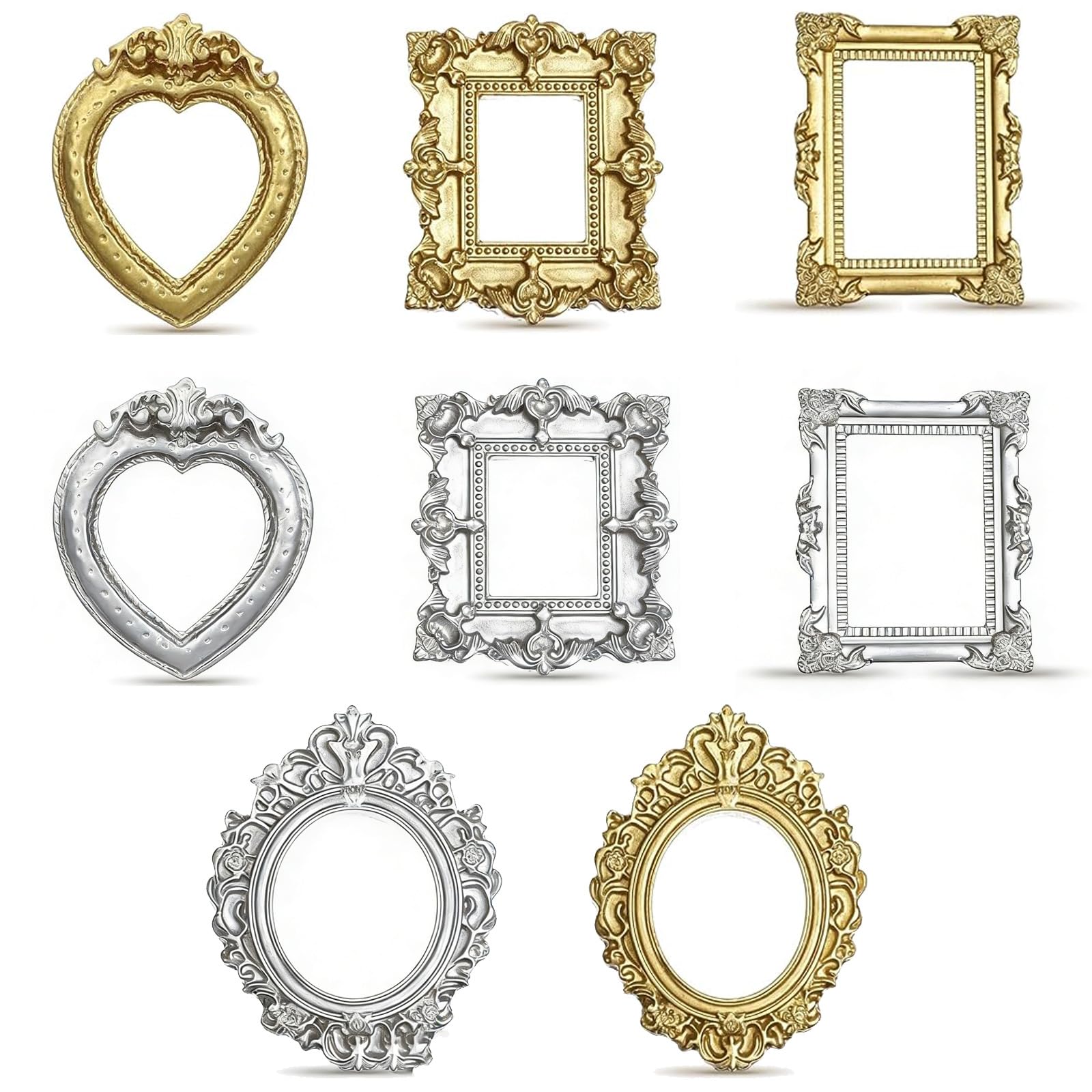 8 Pcs Mini Picture Frames, Vintage Baroque Style Photo Displays, Dolls House Furniture，Elegant Wall Decor for Home and Office, Jewelry Display Frame Miniatures Furniture Props