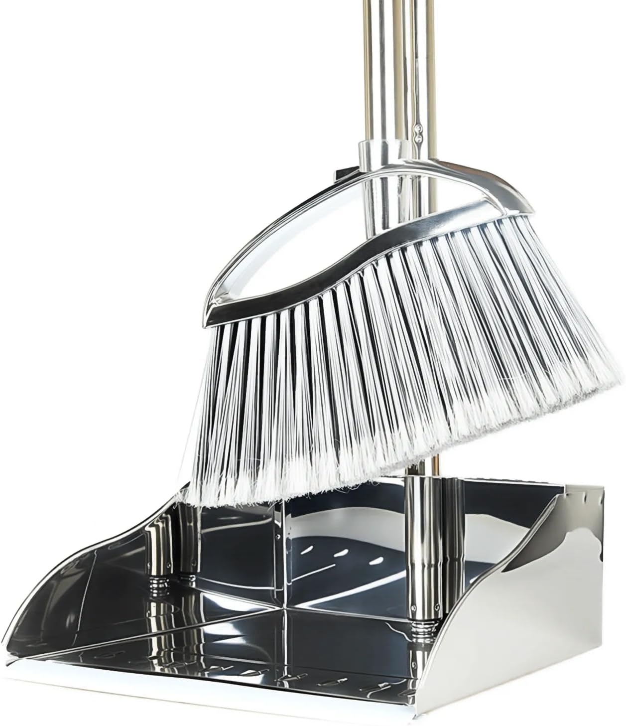 Stand Up Metal Dustpan & Stiff Bristle Broom Set–Heavy Duty for Yard, Patio | No-bend stand up design / Heavy duty metal dustpan with teeth / 4-layer stiff Bristle broom / For outdoor floor sweeping
